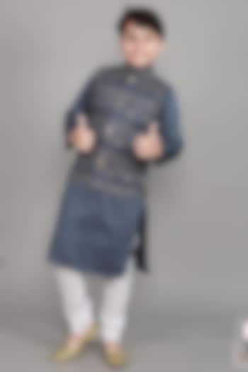 Grey Cotton Silk Embroidered Nehru Jacket Set For Boys by Li'l Me
