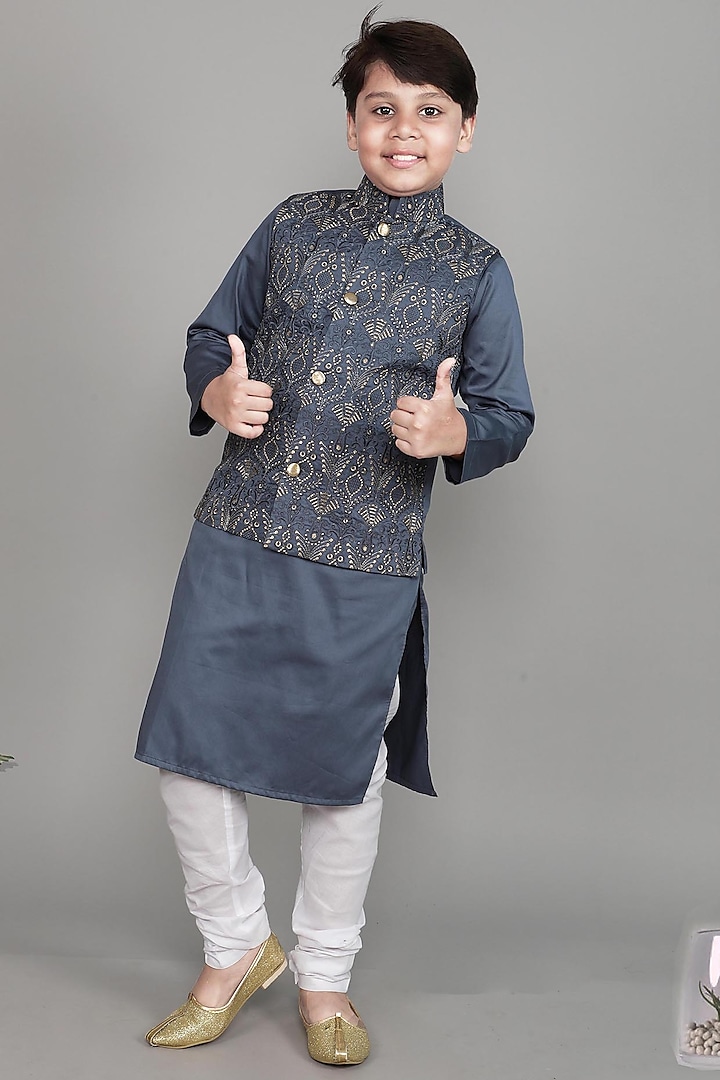 Grey Cotton Silk Embroidered Nehru Jacket Set For Boys by Li'l Me