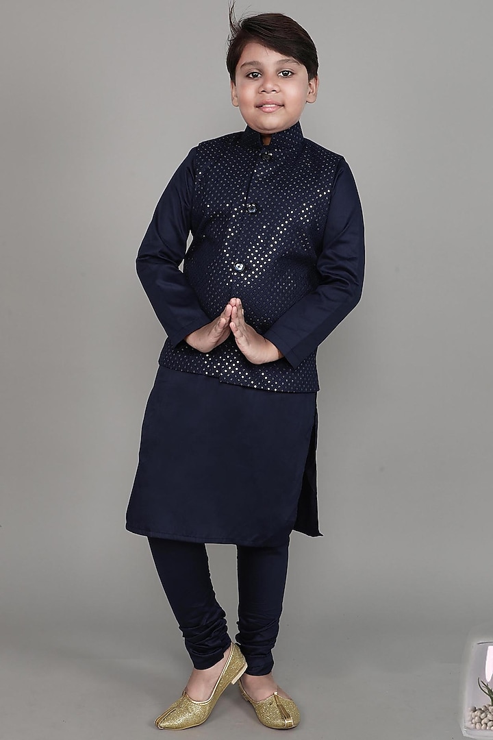 Navy Blue Cotton Silk Embroidered Nehru Jacket Set For Boys by Li'l Me