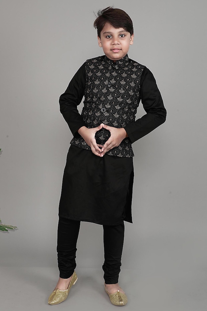 Black Cotton Silk Embroidered Nehru Jacket Set For Boys by Li'l Me