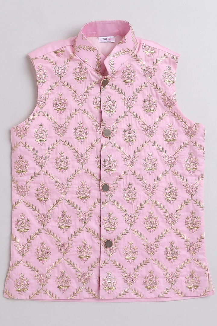 Pink Cotton Silk Embroidered Nehru Jacket For Boys by Li'l Me