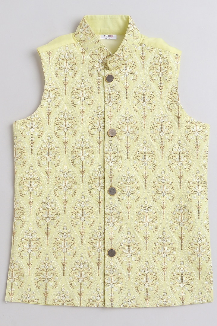 Yellow Cotton Silk Embroidered Nehru Jacket For Boys by Li'l Me