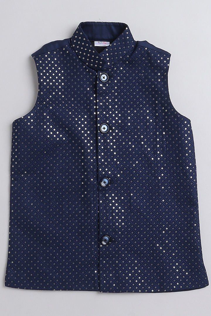 Navy Blue Cotton Silk Embroidered Nehru Jacket For Boys by Li'l Me