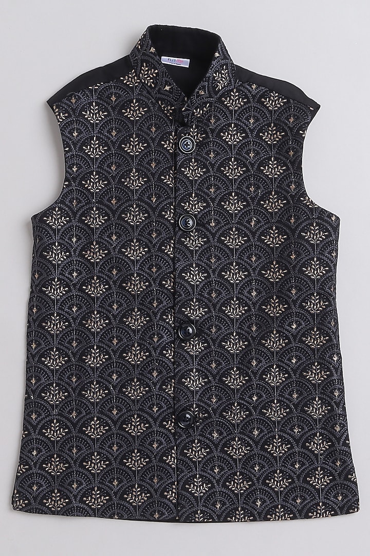 Black Cotton Silk Embroidered Nehru Jacket For Boys by Li'l Me