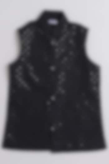Black Cotton Silk Embroidered Nehru Jacket For Boys by Li'l Me