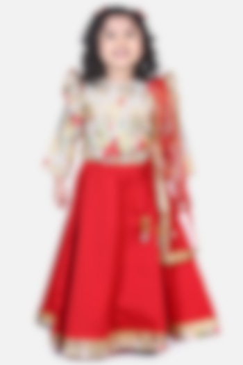 Red Silk Blend Lehenga Set For Girls by LIL PICKS