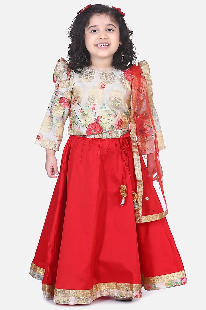 Red Silk Blend Lehenga Set For Girls by LIL PICKS