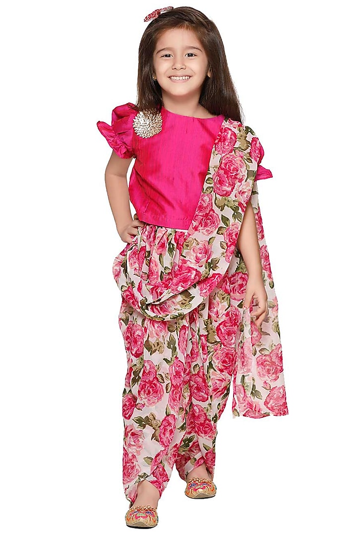 Multi-Coloured Dhoti Saree Set With Print For Girls by LIL PICKS