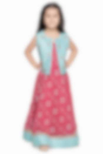 Magenta & Sky Blue Maxi Dress With Jacket For Girls by LIL PICKS