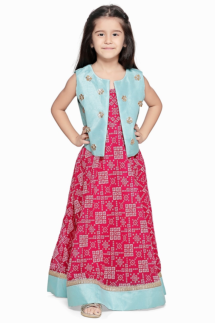 Magenta & Sky Blue Maxi Dress With Jacket For Girls by LIL PICKS