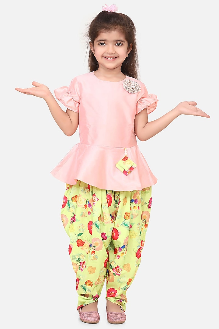 Baby Pink & Lime Green Printed Dhoti Set For Girls by LIL PICKS