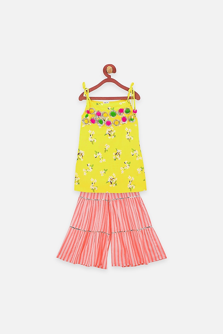 Yellow & Orange Cotton Sharara Set For Girls by LIL PICKS