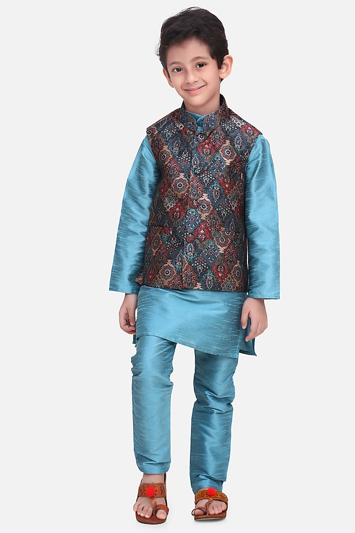 Turquoise Kurta Set With Nehru Jacket For Boys by LIL PICKS