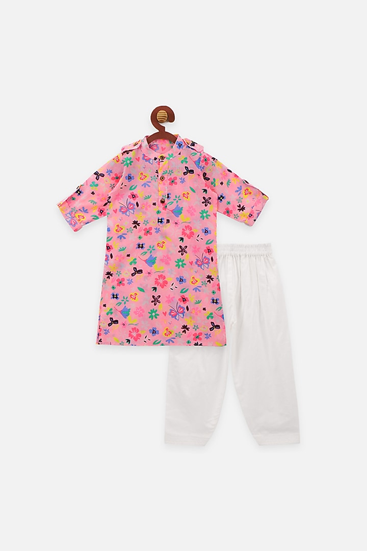Baby Pink Floral Printed Kurta Set For Boys by LIL PICKS at Pernia's Pop Up Shop