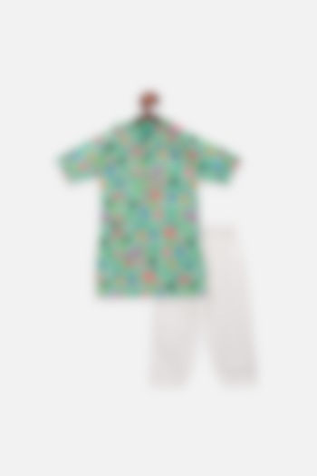 Aqua Green Floral Printed Kurta Set For Boys by LIL PICKS at Pernia's Pop Up Shop