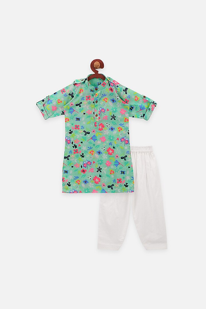 Aqua Green Floral Printed Kurta Set For Boys by LIL PICKS at Pernia's Pop Up Shop