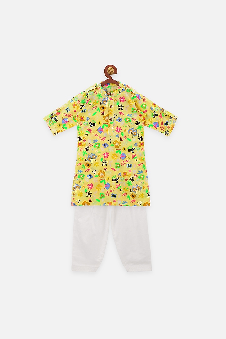 Yellow Floral Printed Kurta Set For Boys by LIL PICKS at Pernia's Pop Up Shop