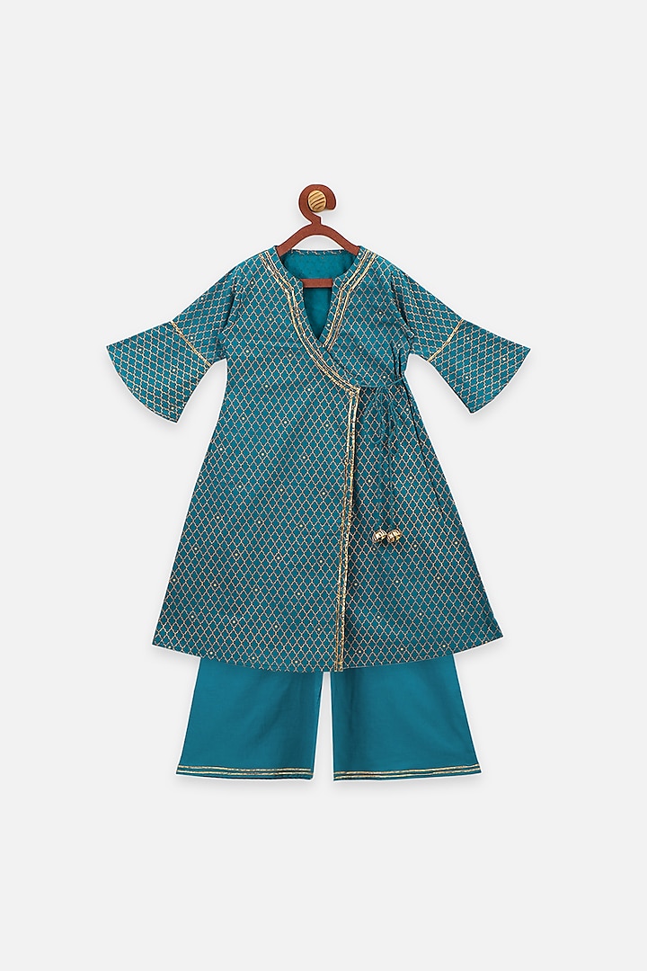 Turquoise Cotton Angrakha Kurta Set For Girls by LIL PICKS