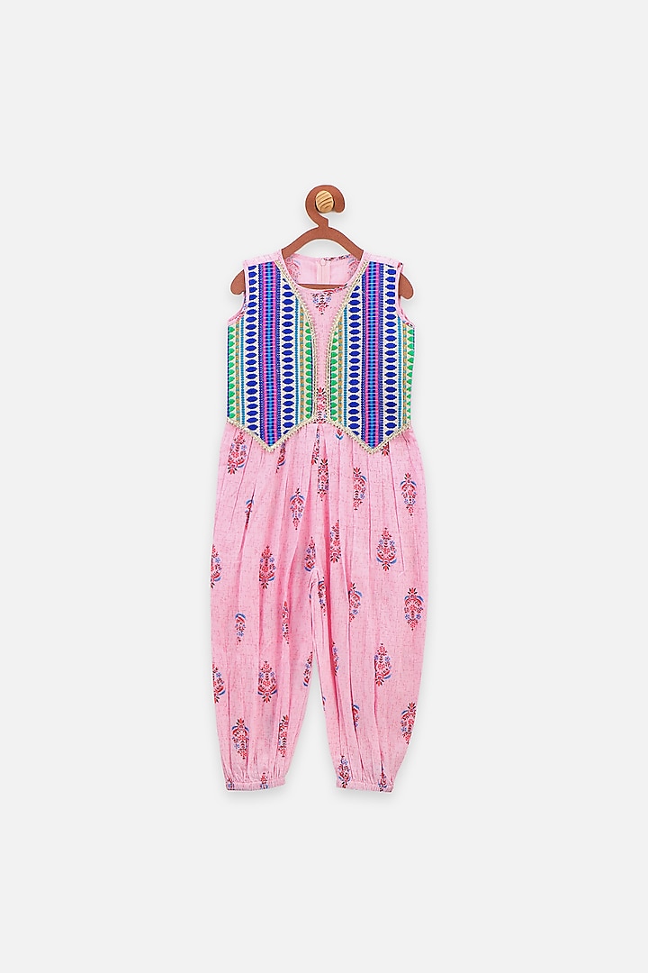 Pink Printed Dhoti Jumpsuit For Girls by LIL PICKS