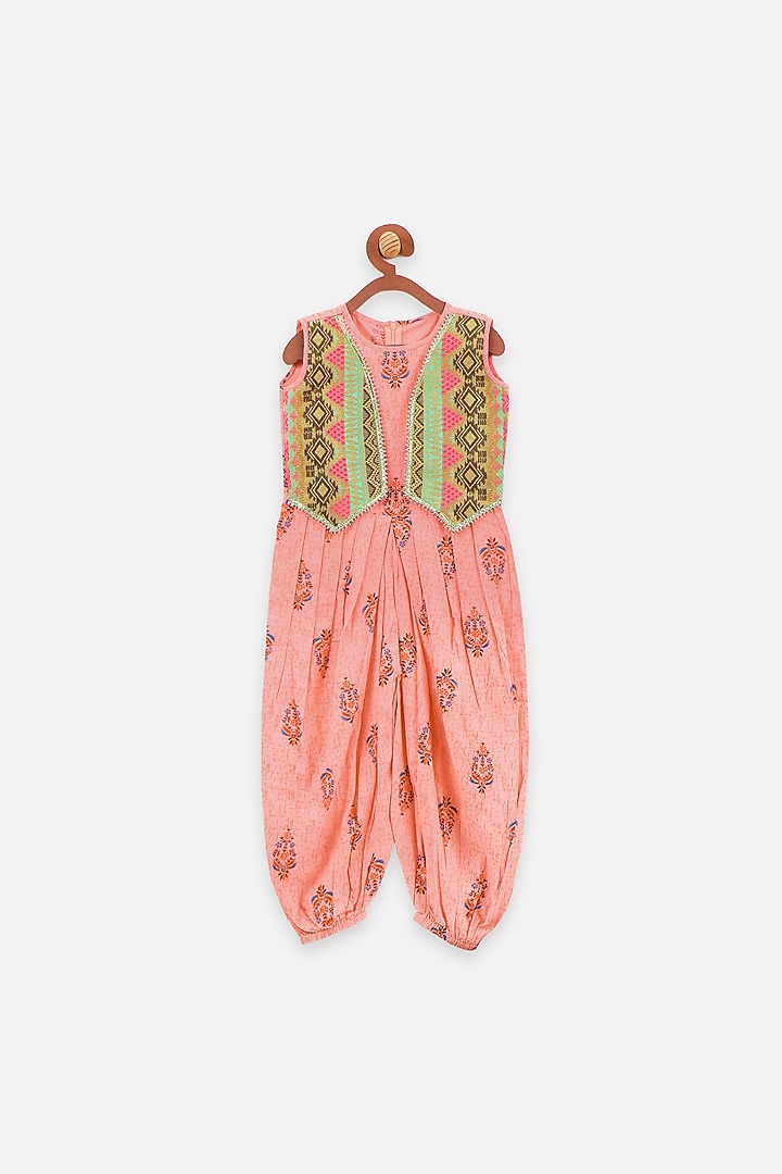 Peach Printed Dhoti Jumpsuit For Girls by LIL PICKS at Pernia's Pop Up Shop