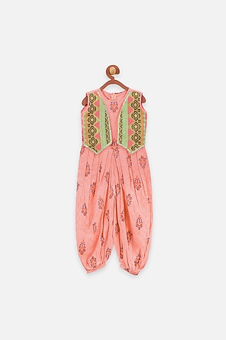 Peach Printed Dhoti Jumpsuit For Girls by LIL PICKS