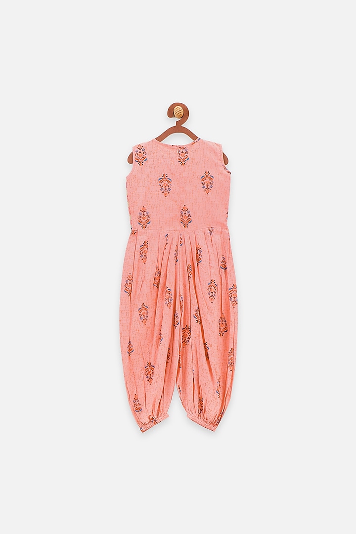 Peach Printed Dhoti Jumpsuit For Girls by LIL PICKS at Pernia's Pop Up Shop