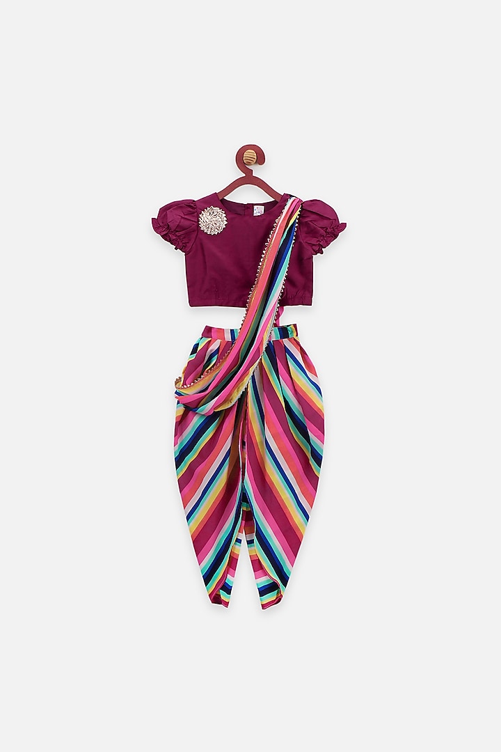 Multi-Colored Printed Saree Dhoti Set For Girls by LIL PICKS