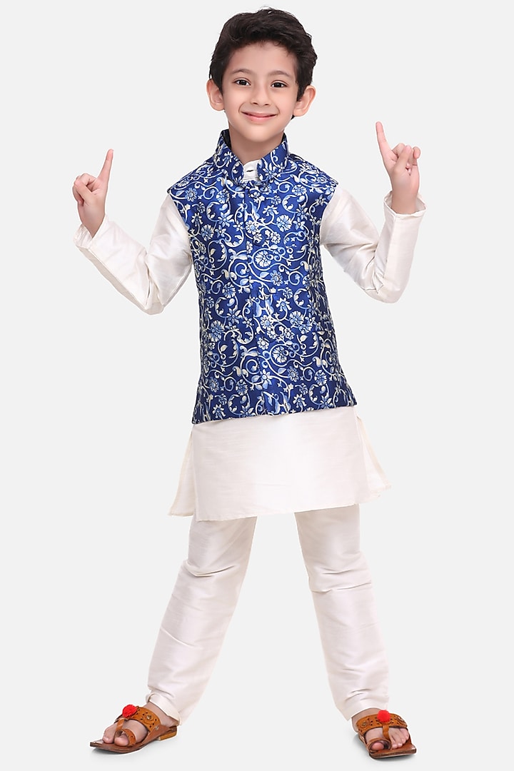 White Silk Kurta Set With Printed Nehru Jacket For Boys by LIL PICKS