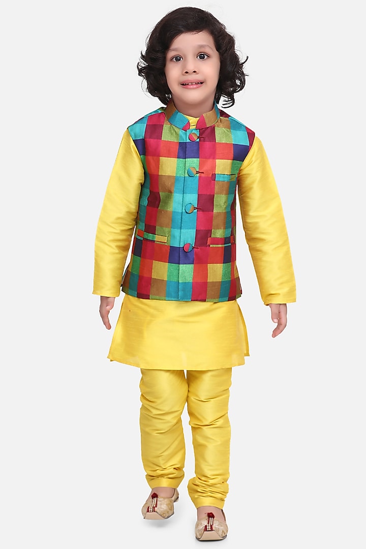 Bright Yellow Kurta Set With Printed Nehru Jacket For Boys by LIL PICKS