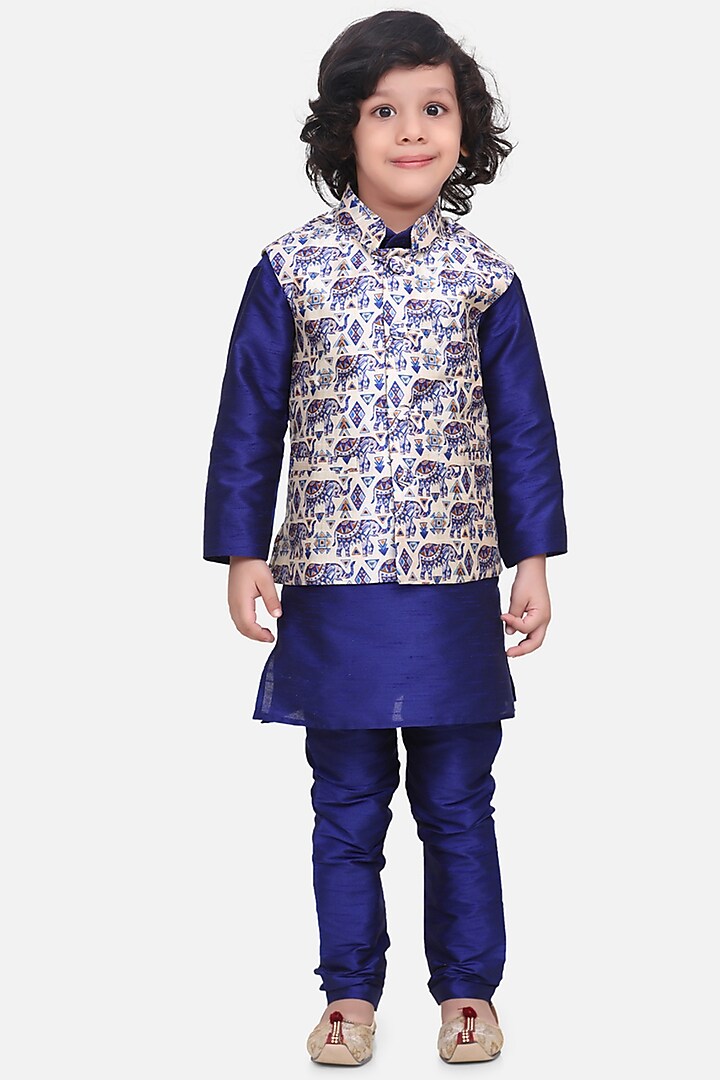 Blue Kurta Set With Printed Nehru Jacket For Boys by LIL PICKS