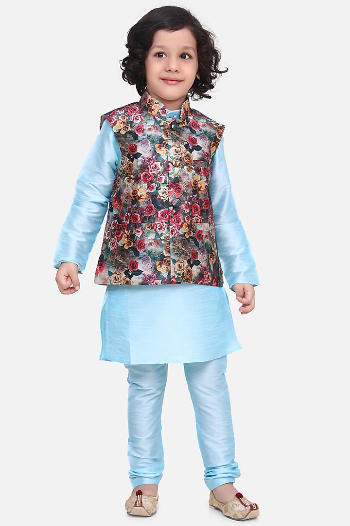 Sky Blue Kurta Set With Printed Nehru Jacket For Boys by LIL PICKS