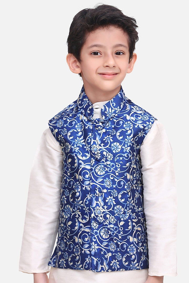 Cobalt Blue Digital Printed Nehru Jacket For Boys by LIL PICKS