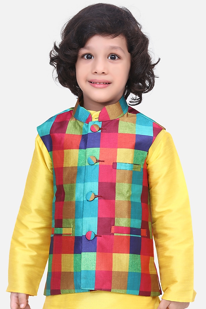 Multi-Colored Silk Printed Nehru Jacket For Boys by LIL PICKS