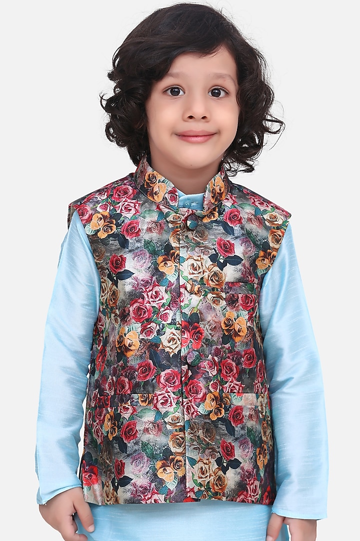 Multi-Colored Silk Nehru Jacket With Print For Boys by LIL PICKS