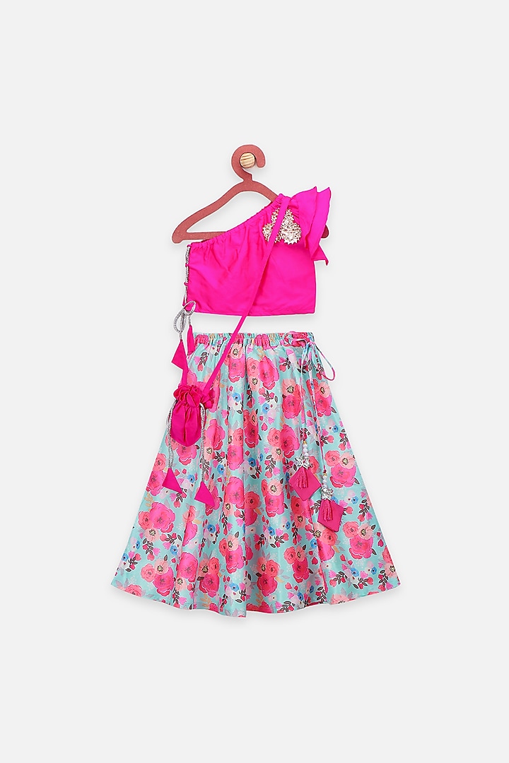 Blue & Pink Floral Lehenga Set For Girls by LIL PICKS