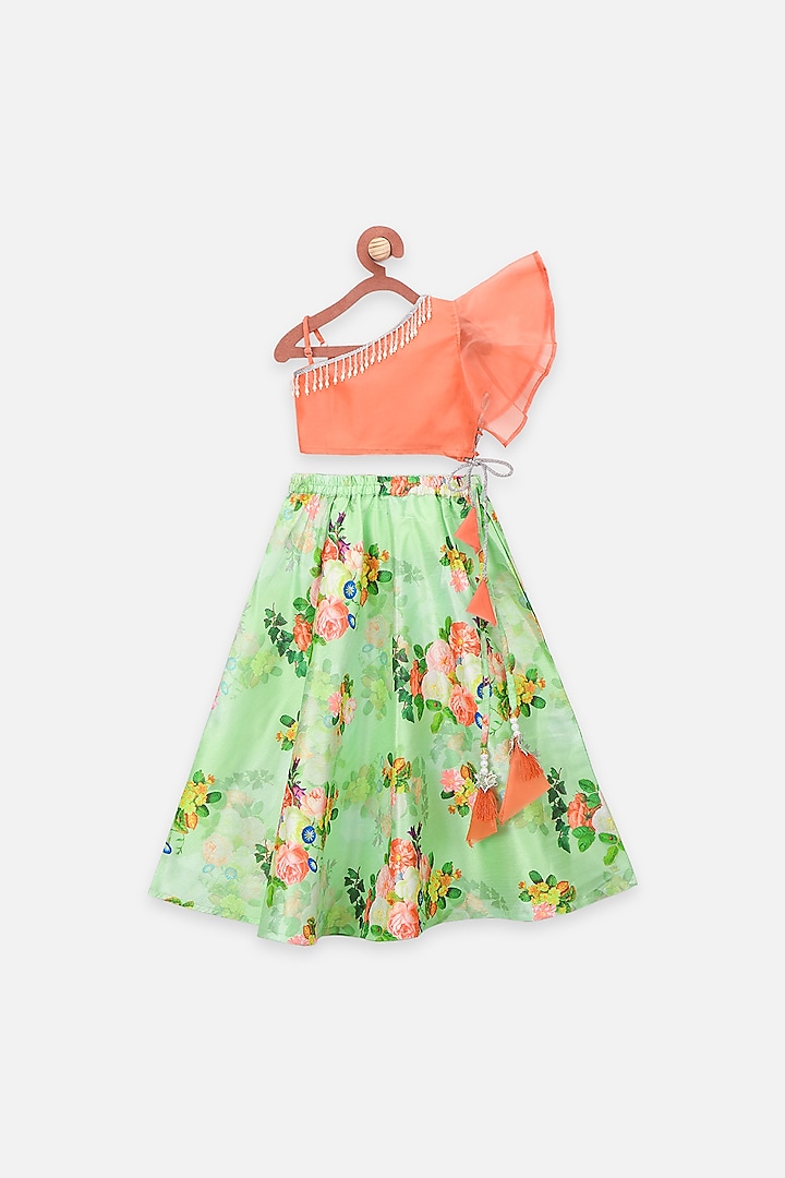 Bright Green Floral Lehenga Set For Girls by LIL PICKS