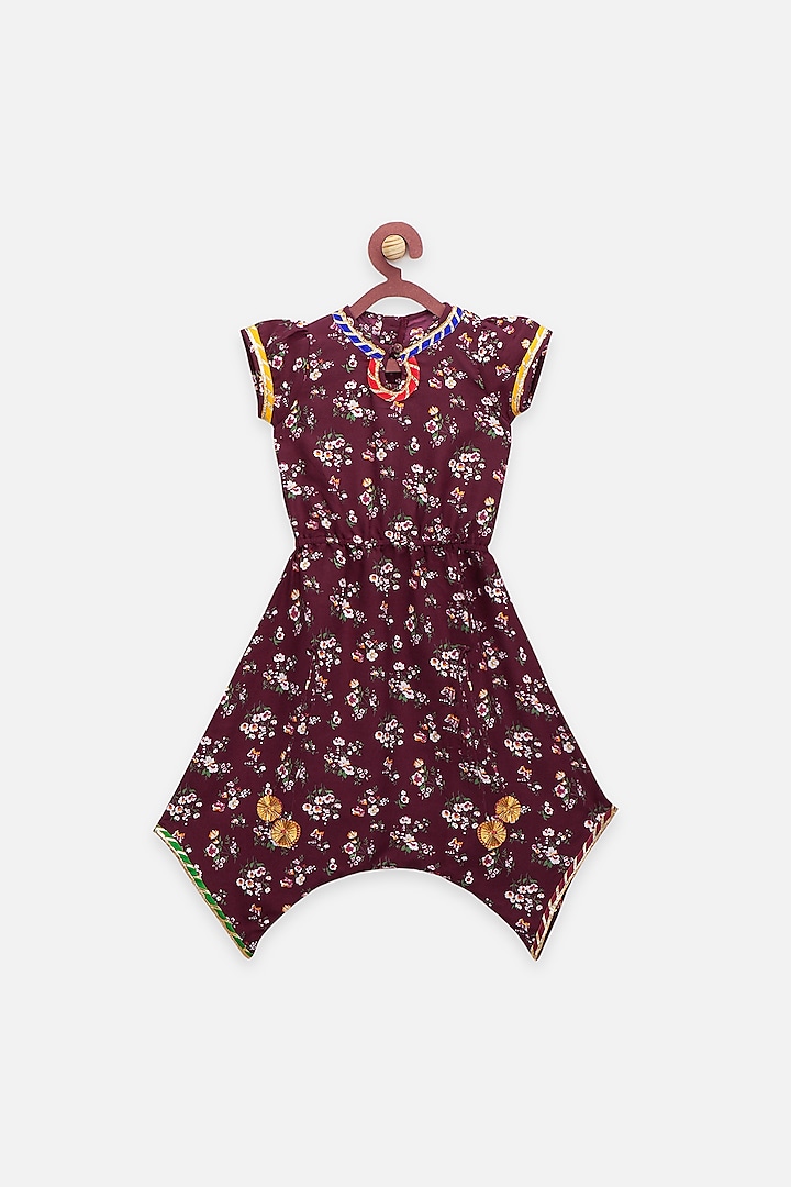 Wine Floral Jumpsuit For Girls by LIL PICKS
