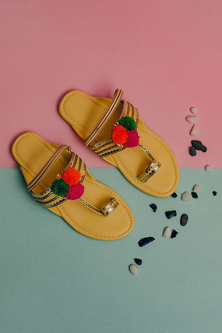 Yellow Synthetic Leather Embellished Kolhapuris For Girls  by LIL PITAARA