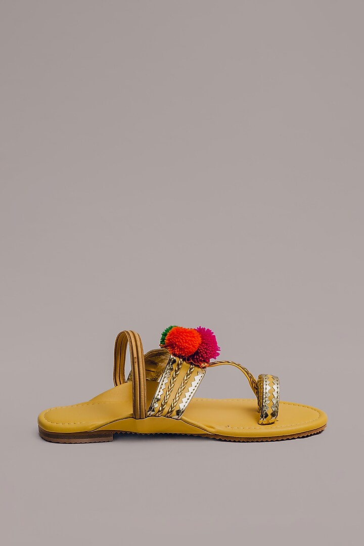 Yellow Synthetic Leather Embellished Kolhapuris For Girls  by LIL PITAARA at Pernia's Pop Up Shop