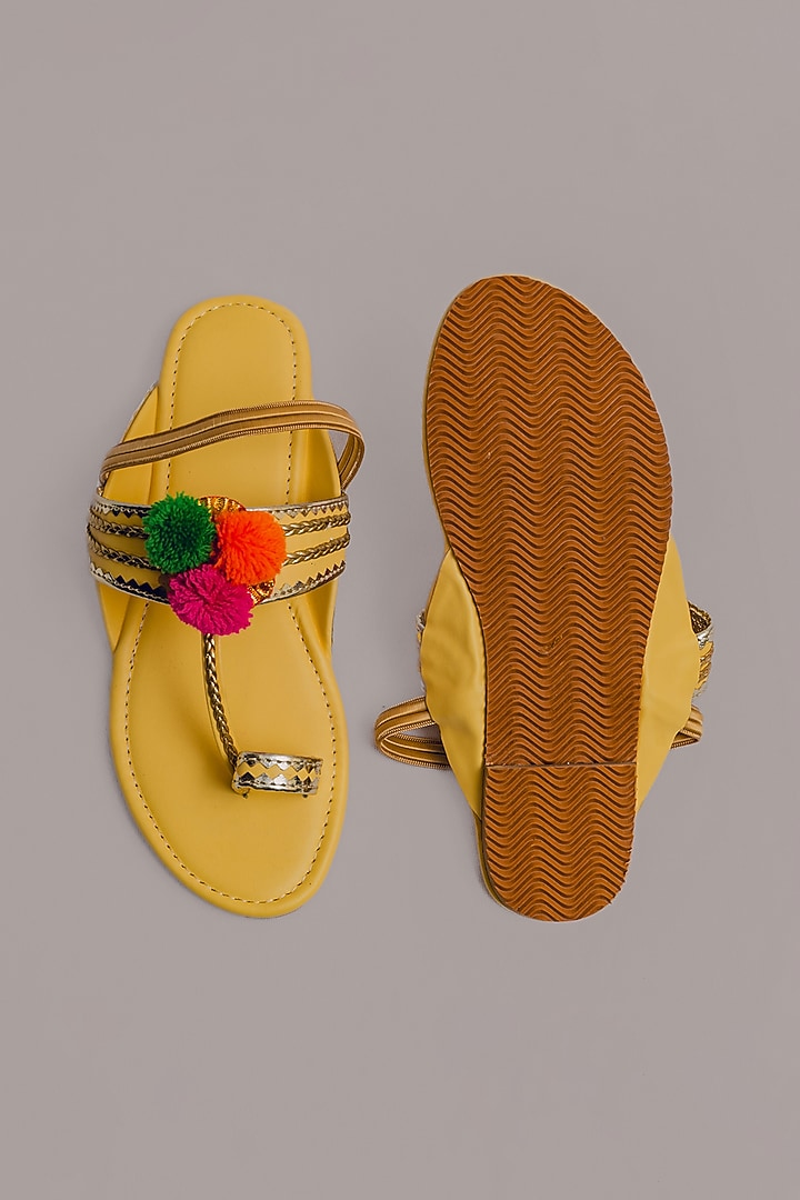 Yellow Synthetic Leather Embellished Kolhapuris For Girls  by LIL PITAARA at Pernia's Pop Up Shop
