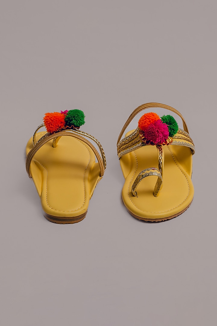 Yellow Synthetic Leather Embellished Kolhapuris For Girls  by LIL PITAARA at Pernia's Pop Up Shop
