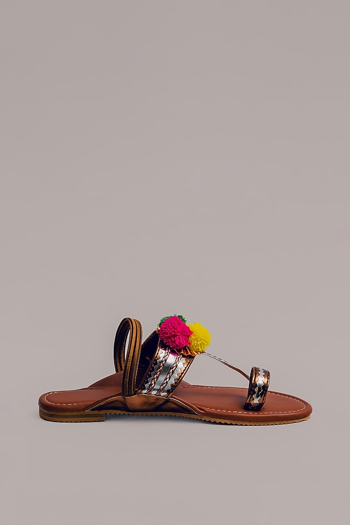 Tan Synthetic Leather Embellished Kolhapuris For Girls by LIL PITAARA at Pernia's Pop Up Shop