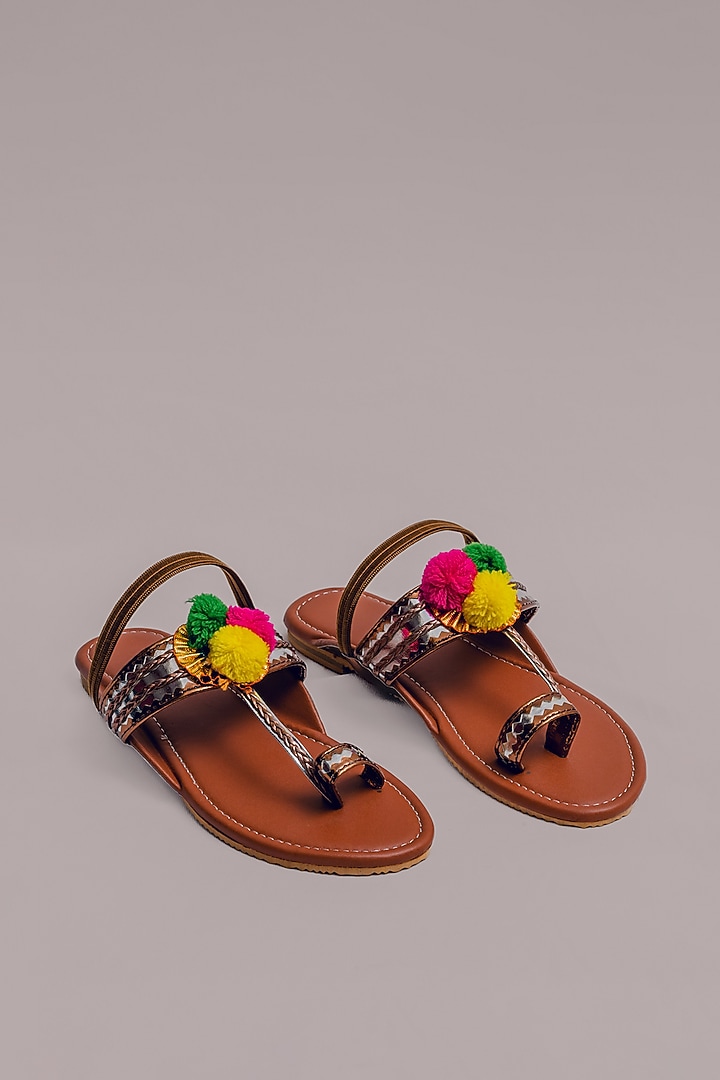 Tan Synthetic Leather Embellished Kolhapuris For Girls by LIL PITAARA at Pernia's Pop Up Shop