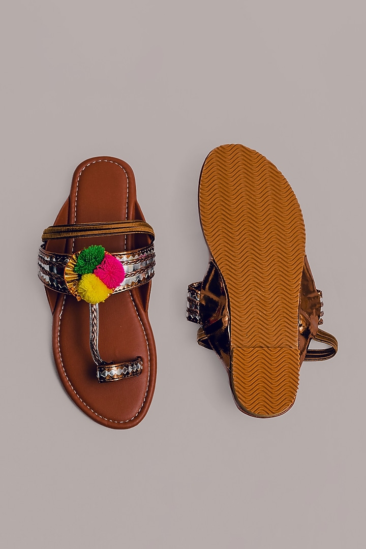 Tan Synthetic Leather Embellished Kolhapuris For Girls by LIL PITAARA at Pernia's Pop Up Shop