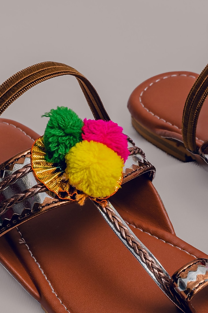 Tan Synthetic Leather Embellished Kolhapuris For Girls by LIL PITAARA at Pernia's Pop Up Shop