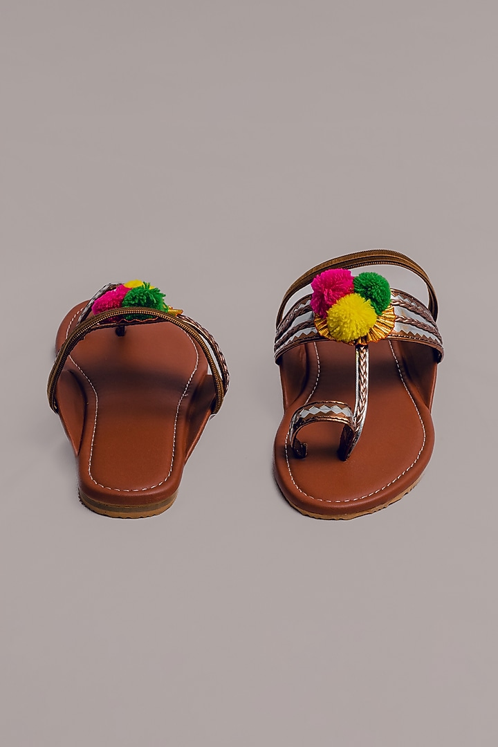 Tan Synthetic Leather Embellished Kolhapuris For Girls by LIL PITAARA at Pernia's Pop Up Shop