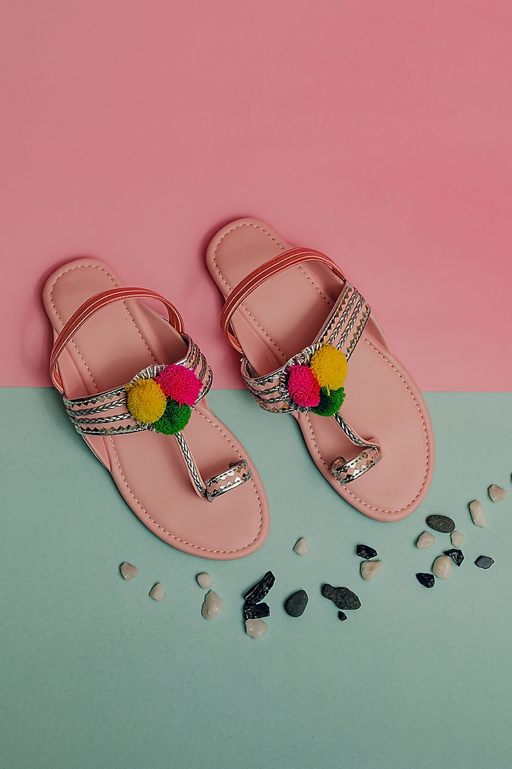 Pink Synthetic Leather Embellished Kolhapuris For Girls  by LIL PITAARA at Pernia's Pop Up Shop