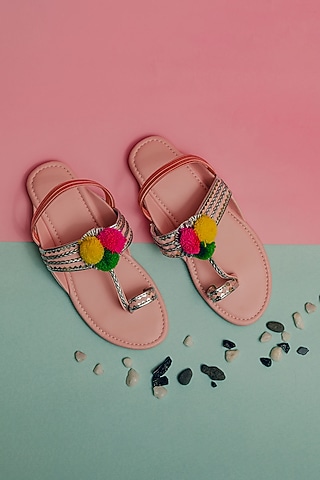 Pink Synthetic Leather Embellished Kolhapuris For Girls  by LIL PITAARA