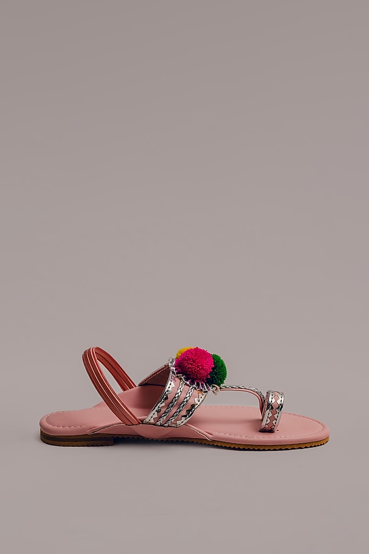 Pink Synthetic Leather Embellished Kolhapuris For Girls  by LIL PITAARA at Pernia's Pop Up Shop