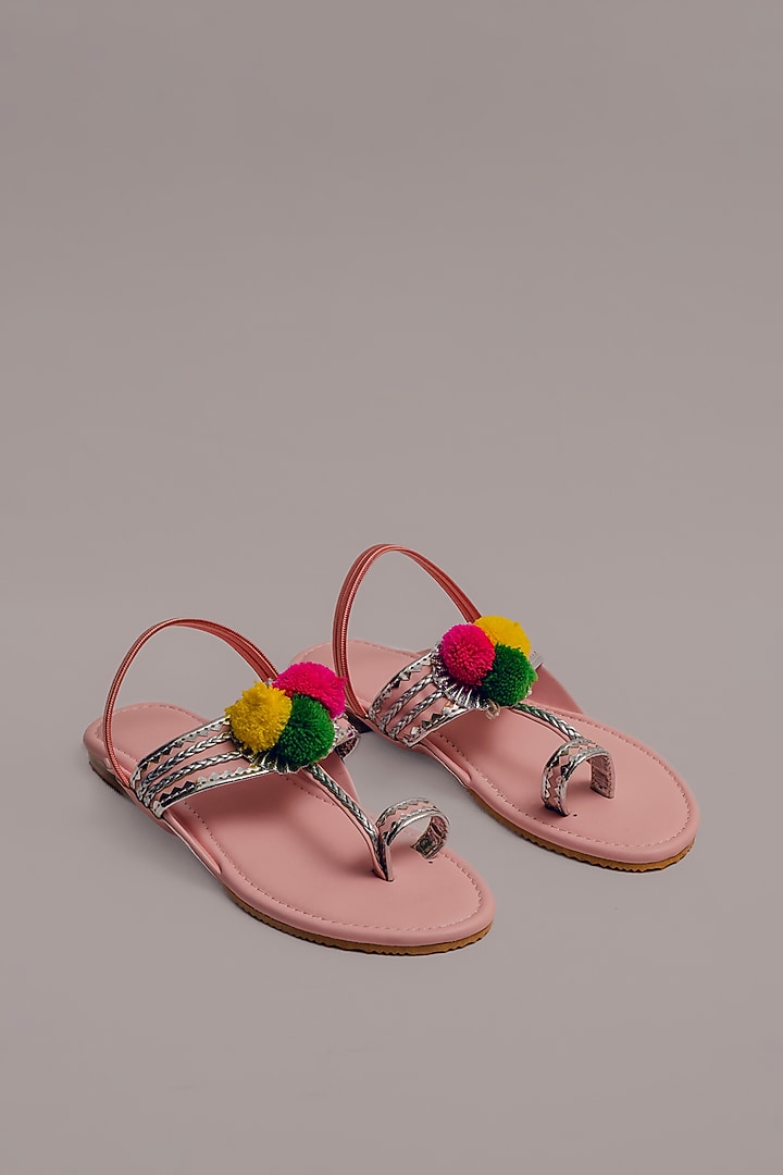 Pink Synthetic Leather Embellished Kolhapuris For Girls  by LIL PITAARA at Pernia's Pop Up Shop